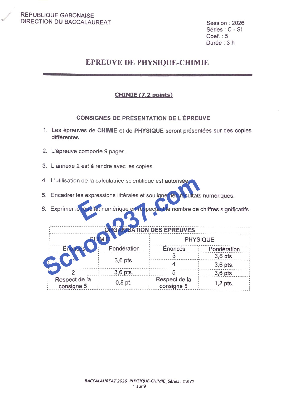 BAC C 2026 - PHYSIQUE CHIMIE. Gabon 2026